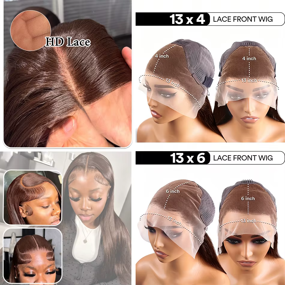 Perruque Lace Front HD Brun Chocolat 13x4 Lisse, Perruques Frontales Complètes 13x6 en Cheveux Humai