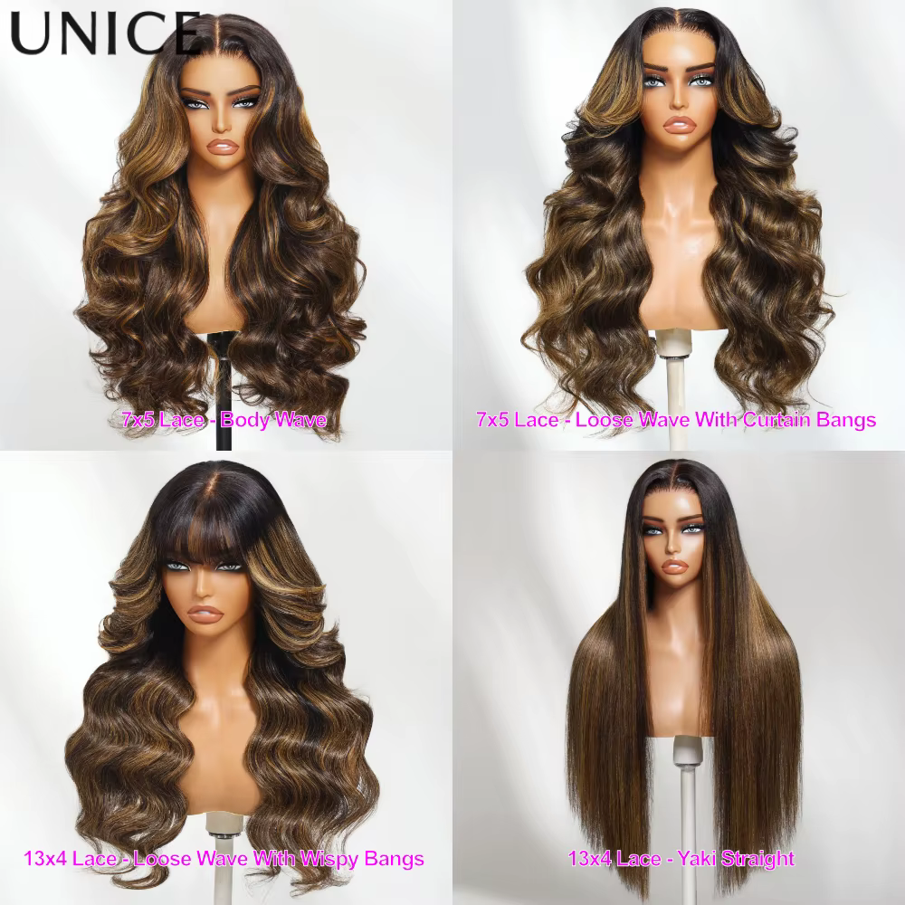 UNice cheveux Balayage met en évidence moelleux vague lâche rideau frange perruque avec cordon sans