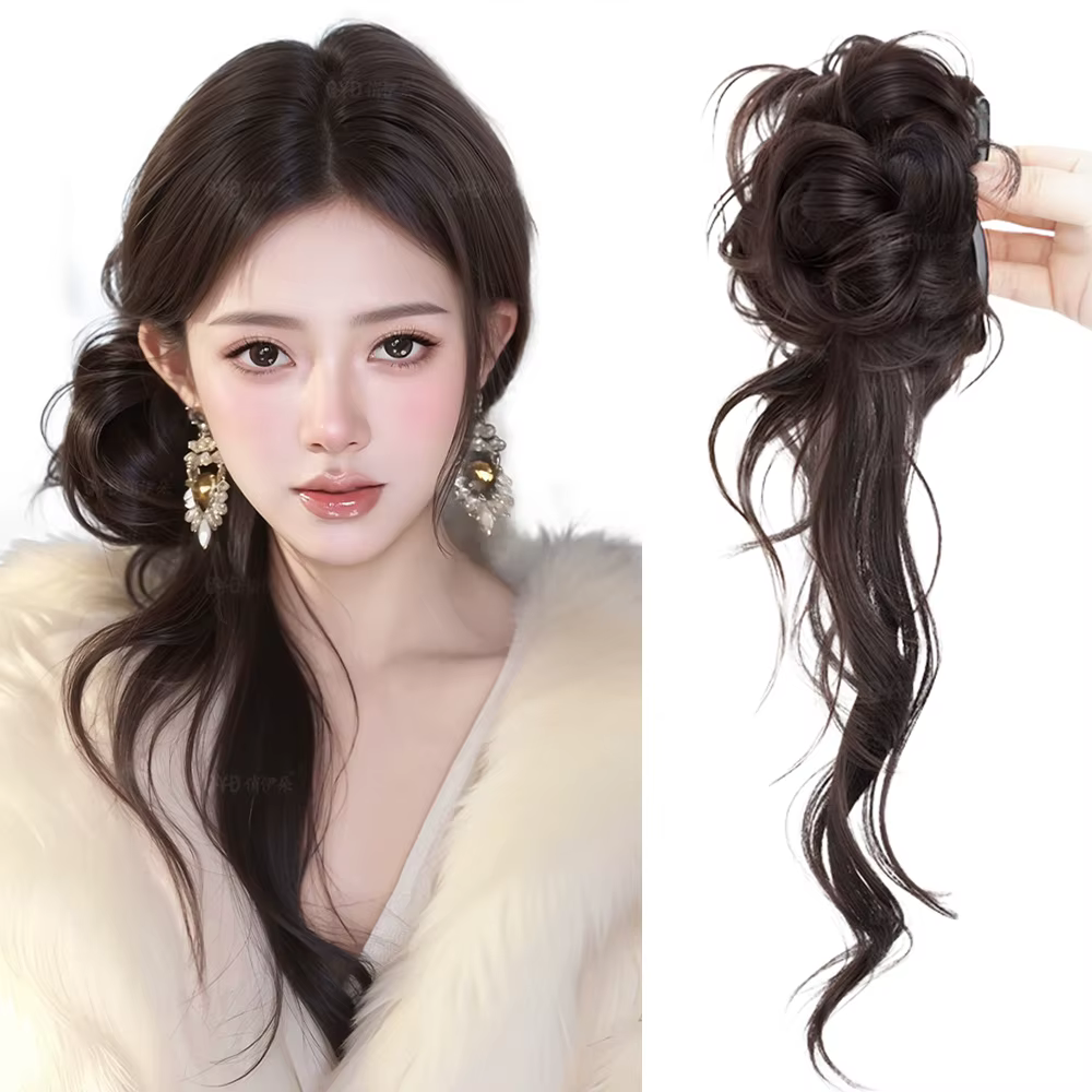 Perruque synthétique ondulée avec chignon désordonné et queue de cheval basse, à clipser, style élég