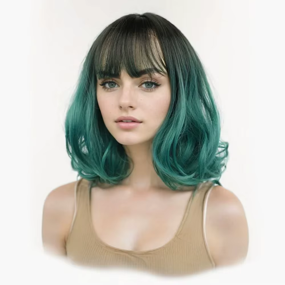 Jeedou – perruque Bob synthétique courte ondulée avec frange, noire à vert foncé, ombrée, élégante, 
