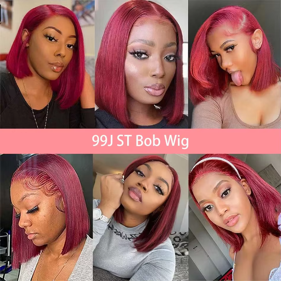 Perruque Bob 99J Bourgogne en Cheveux Humains, Lace Frontal 13x4 Lisse, 100% Cheveux Humains Brésili