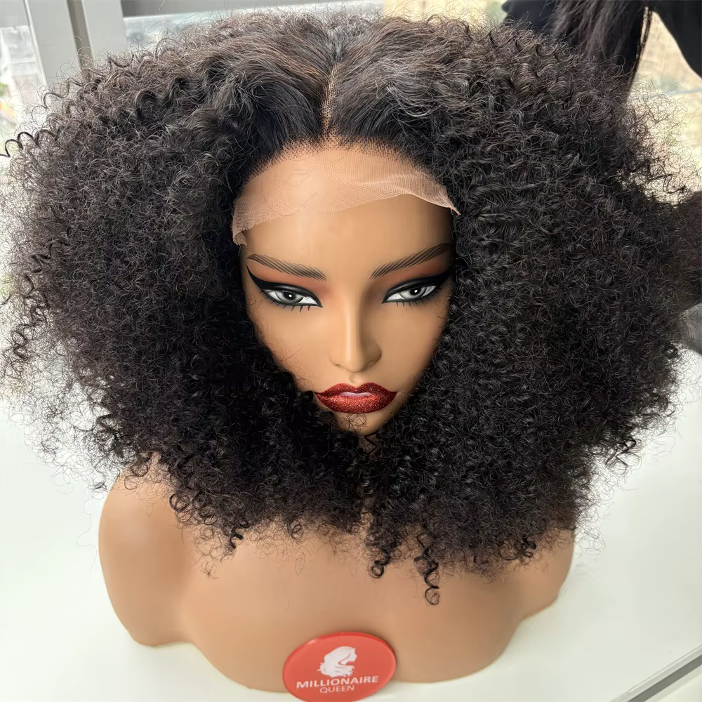 Millionaire reine sans colle perruque cheveux humains Afro crépus bouclés 5x5 fermeture dentelle per