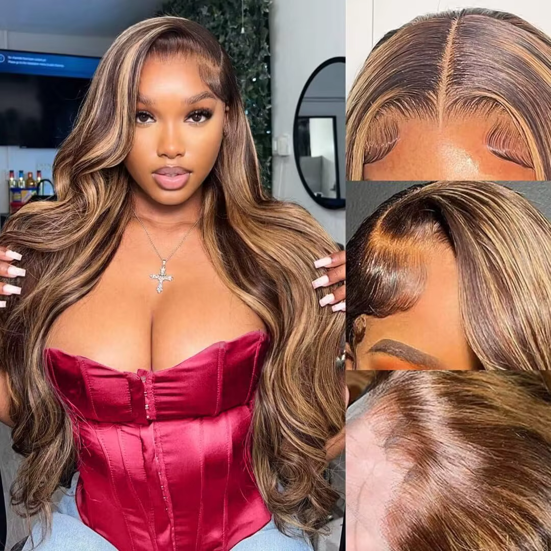 Perruque Lace Front Wig Body Wave Naturelle, Cheveux Humains, Couleur Ombre, Blond Miel, à Reflets