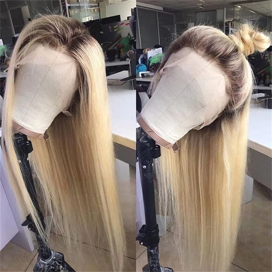 Perruque Lace Frontale 13x6 en Cheveux Humains, Couleur Ombré Blond 1B613, Pré-épilée, Lisse Baguett