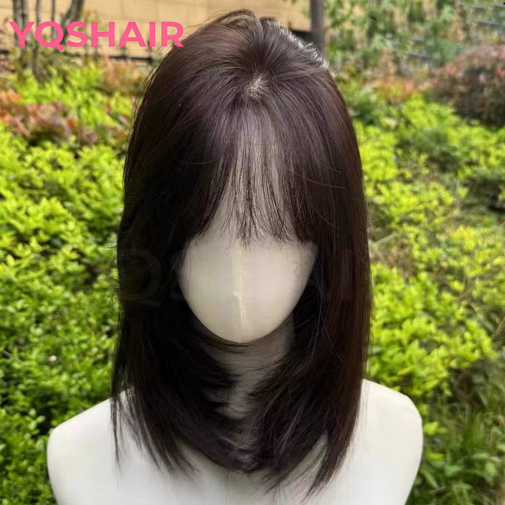 Perruque de Base en soie 6x6 pouces avec frange, perruque de cheveux humains européens vierges, haut