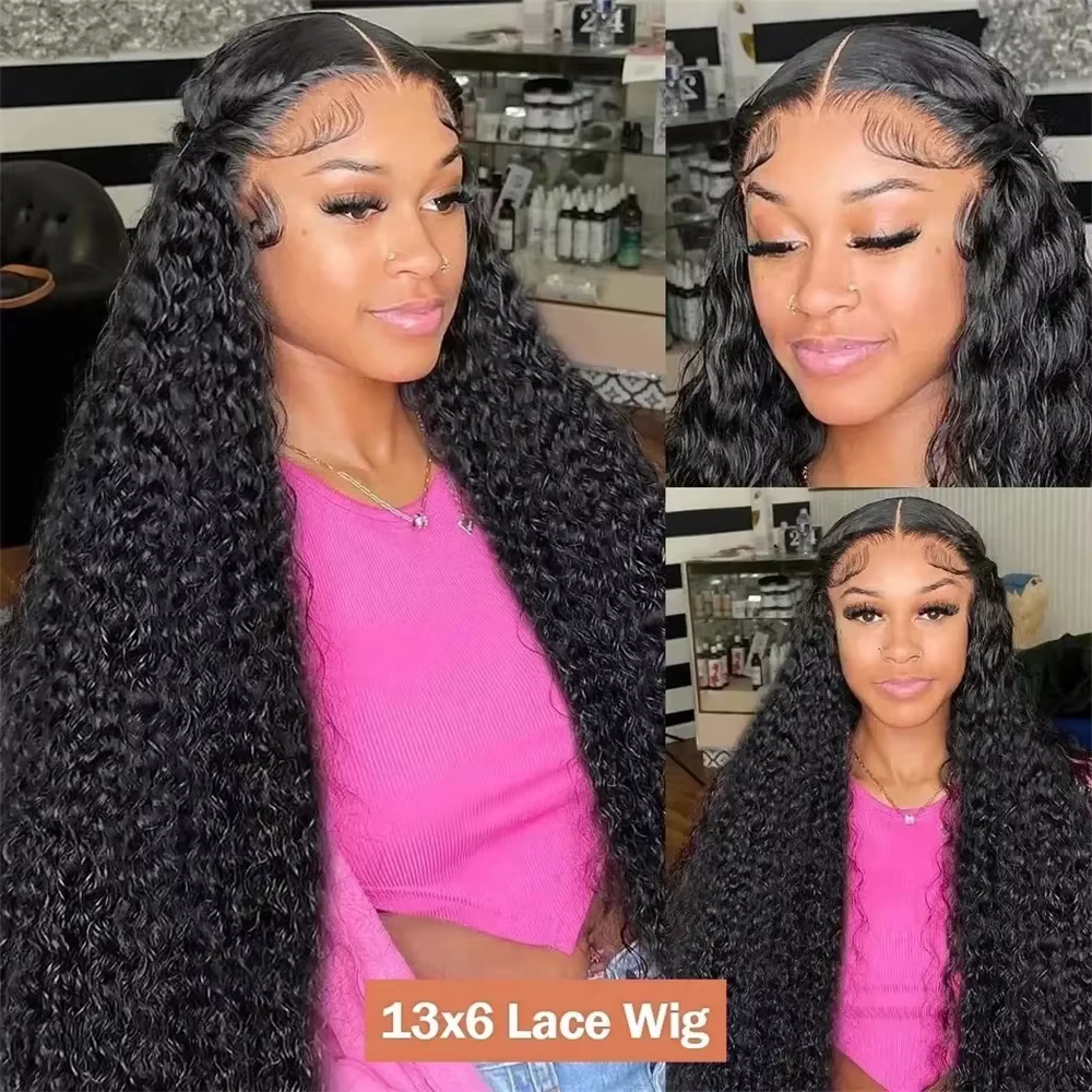 Perruque Lace Frontal Wig naturelle bouclée, cheveux humains, Deep Wave, Transparent HD, 13x 4/13x6,