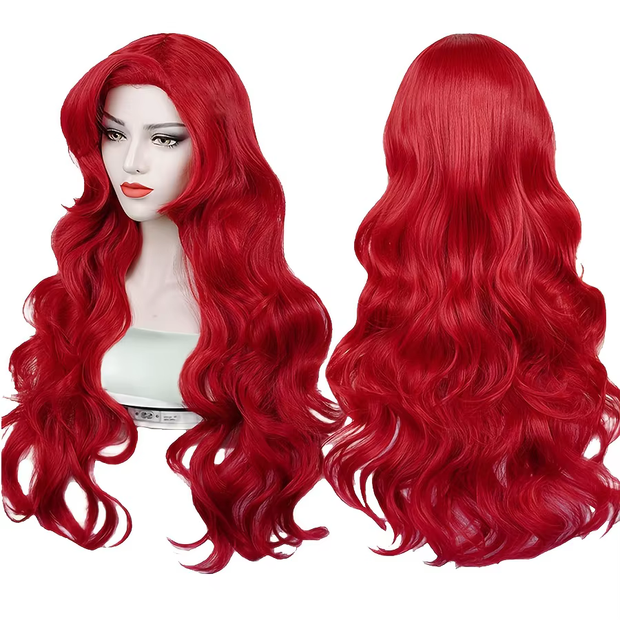 Perruque sirène rouge de 26 pouces, cheveux longs bouclés, en Fiber synthétique résistante à la chal