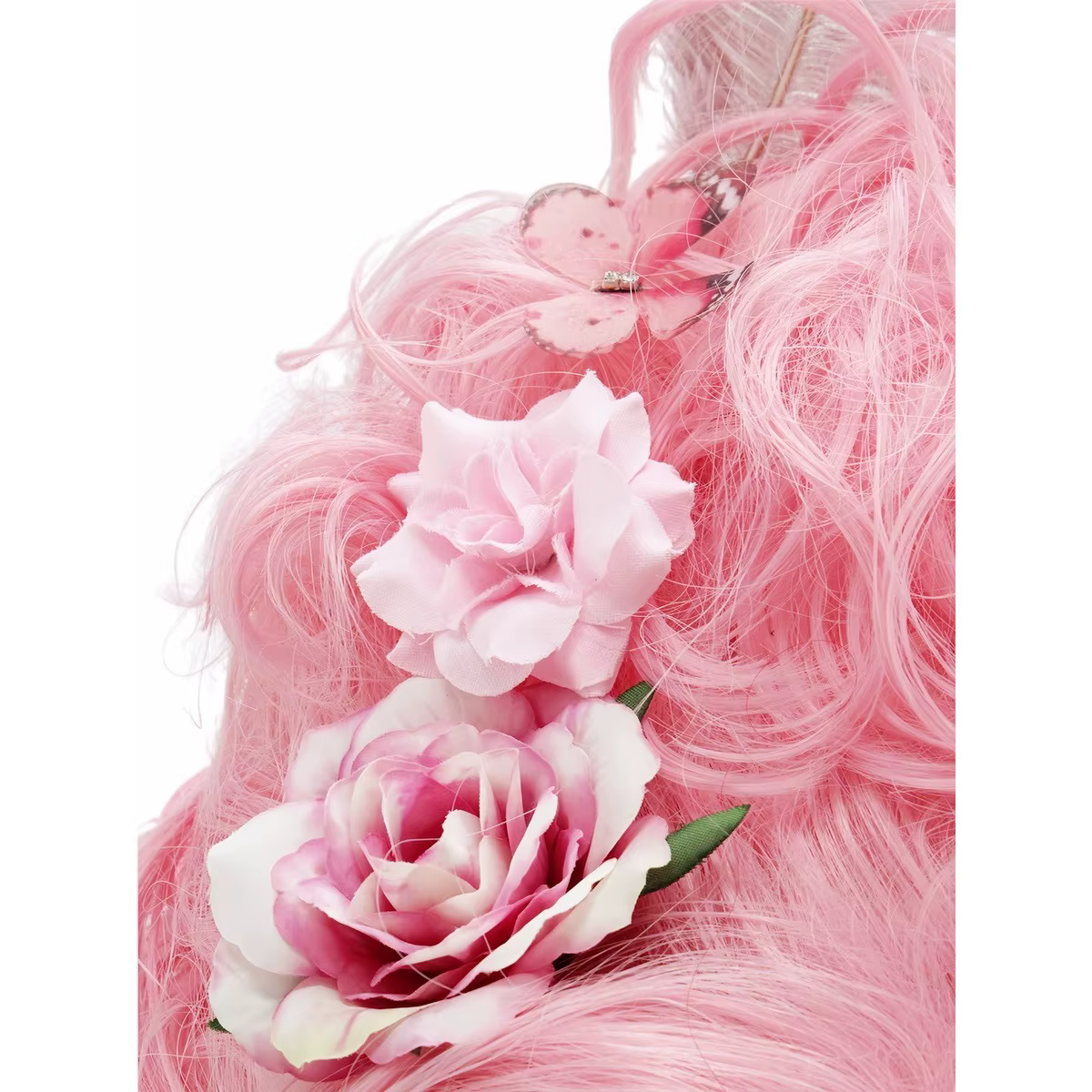 Perruque synthétique rose moelleuse de haute qualité |   Coiffure de la reine avec des fleurs de plu