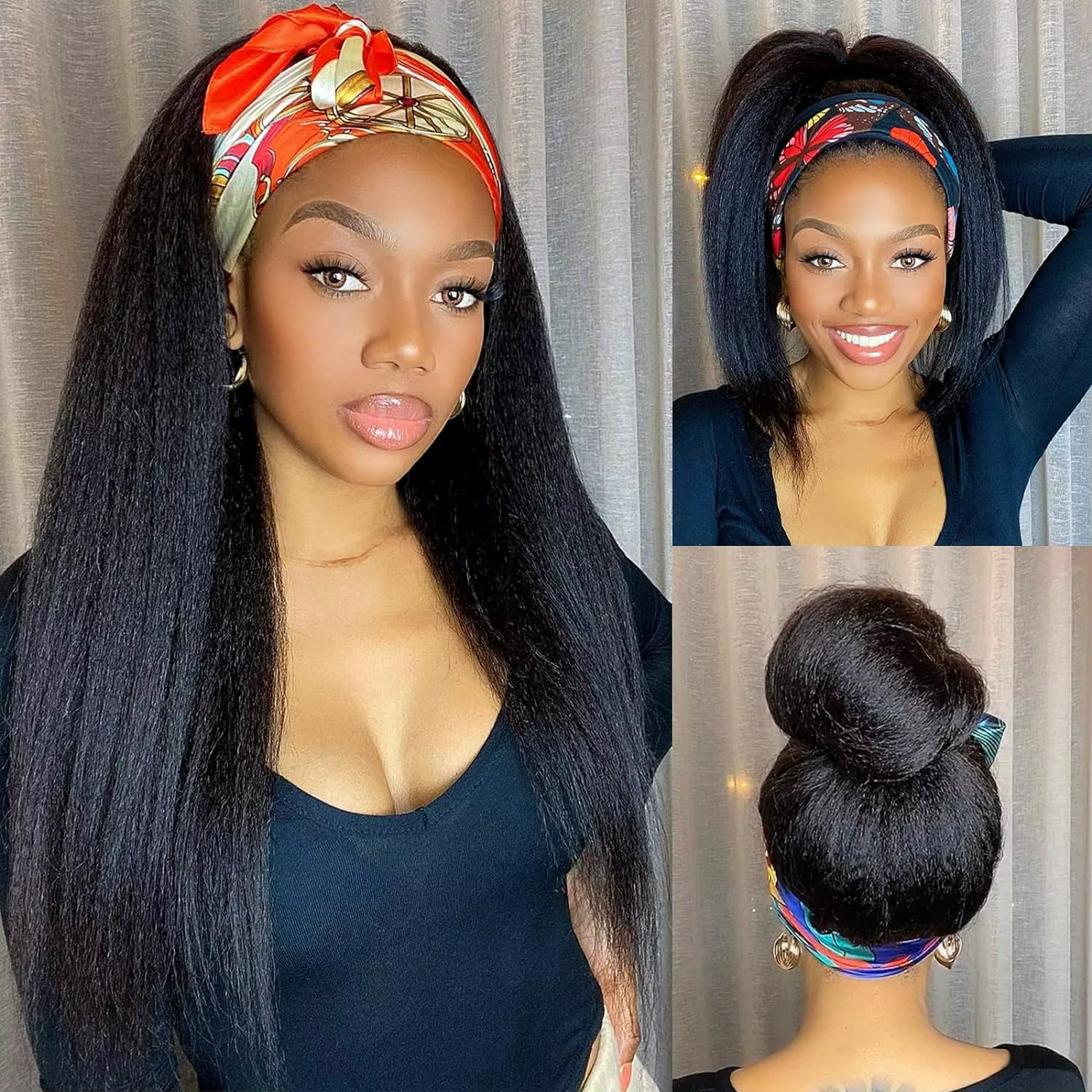 Perruque synthétique Yaki lisse et crépue pour femmes, perruque avec bandeau noir, facile à coiffer,