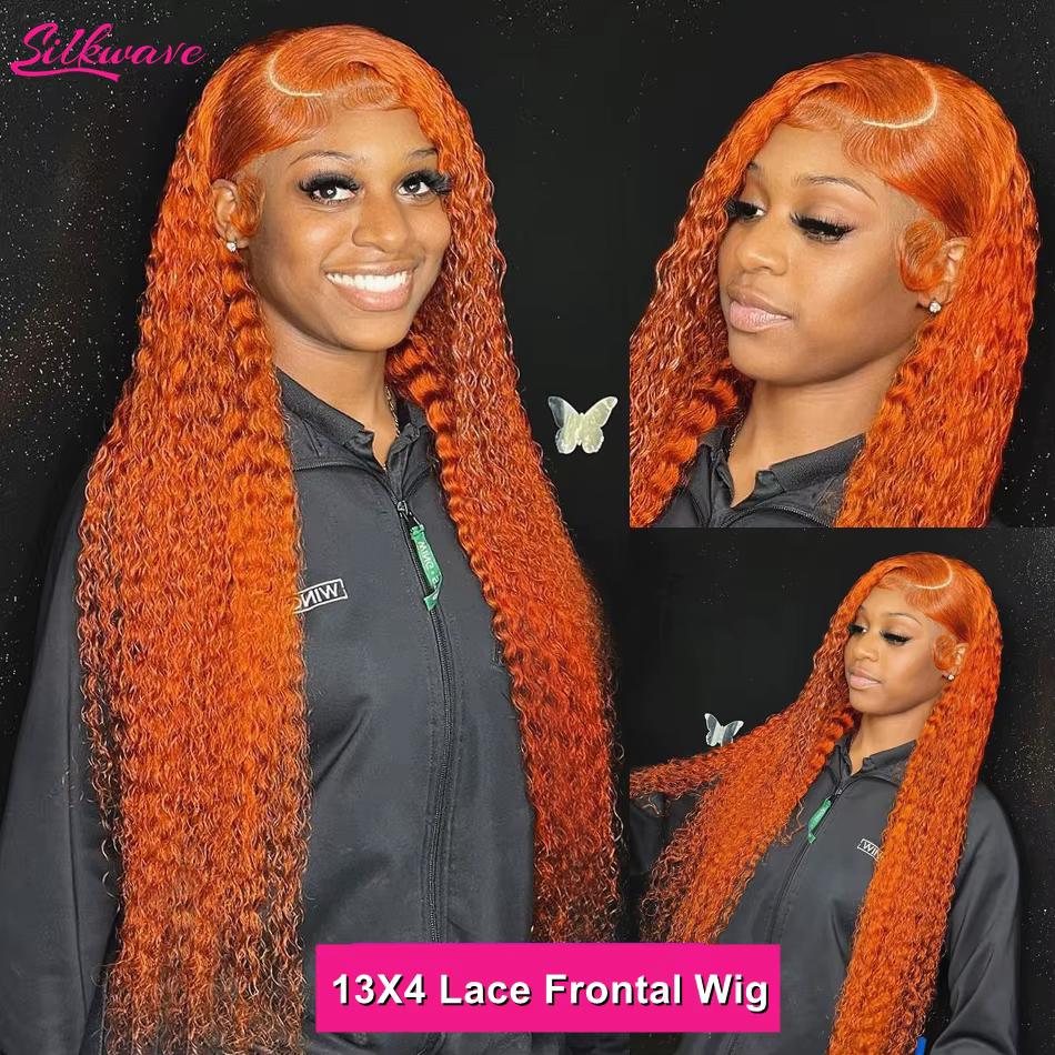 Silkwave vague d'eau 13x4 Orange gingembre dentelle avant perruque bouclés cheveux humains perruques