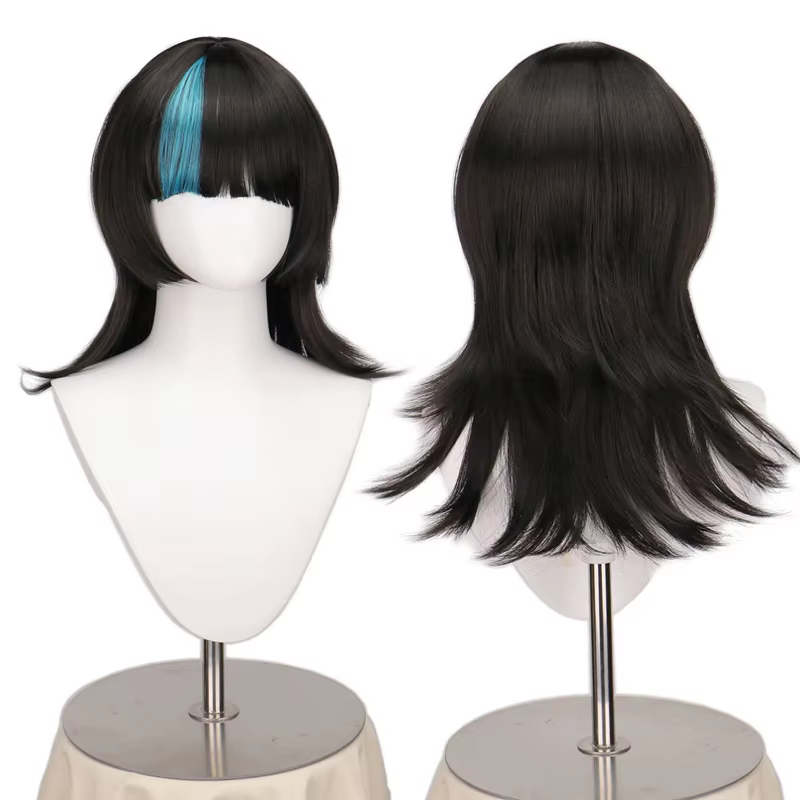 Perruque Anime Star-Studded : Perruque bicolore bleu-noir à boucles mi-longues avec frange pour fête