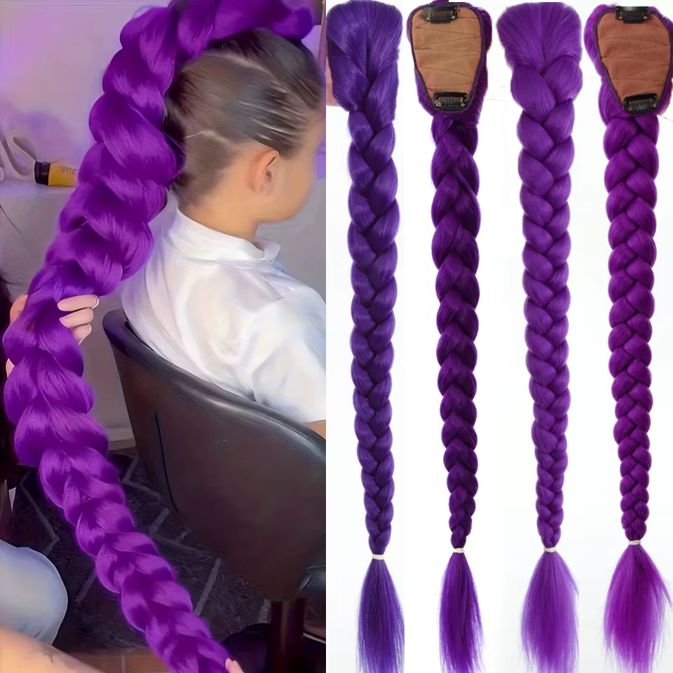 Queue de cheval tressée synthétique violette, coiffure de Costume longue de 26 pouces avec Clips pou