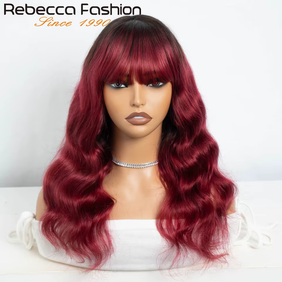22 "T1B/violet corps vague perruques de cheveux humains avec frange frange mettre et aller brésilien