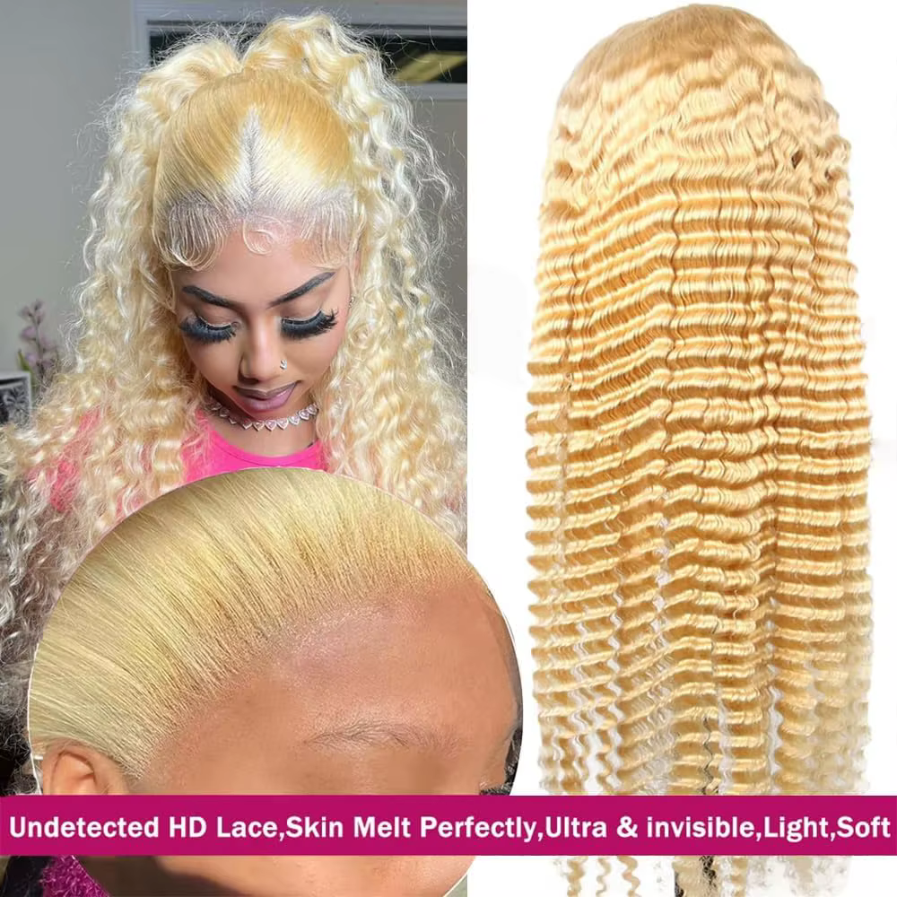 613 vague profonde HD dentelle frontale perruque densité longue Blonde bouclés perruque vague d'eau