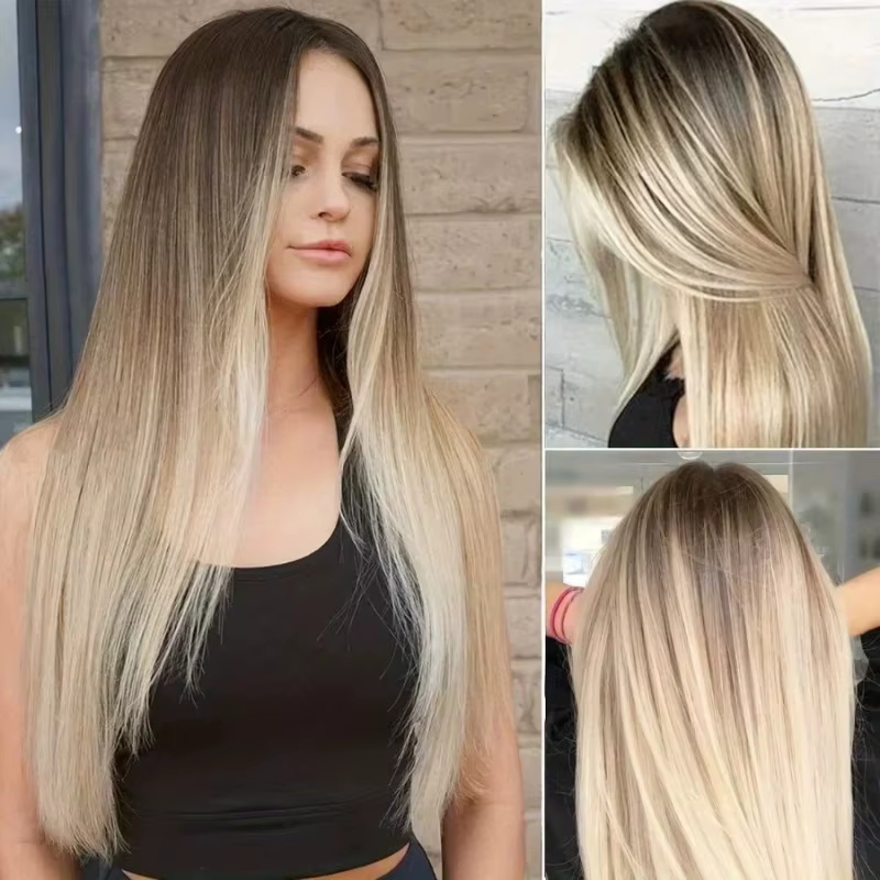 Perruque longue droite balayage brun blond synthétique pour femme, idéale pour le quotidien et la re