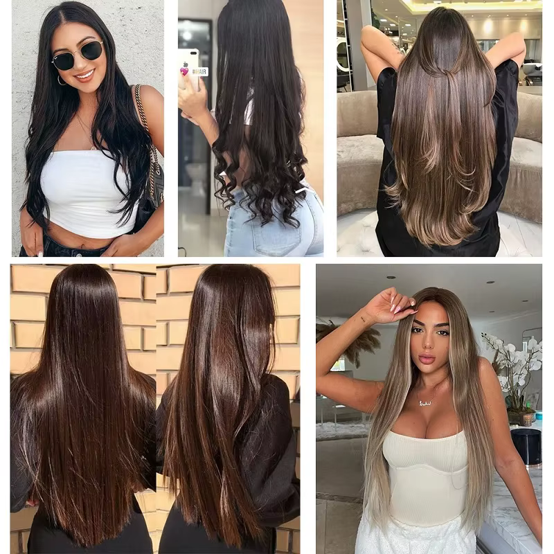 Extensions capillaires synthétiques invisibles à 5 clips, postiche longue et lisse de 24 pouces rési