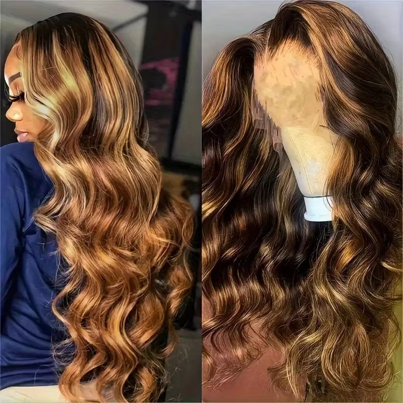P4/27 mettre en évidence brun vague de corps 13x6 perruque de cheveux humains couleur blond miel 13x