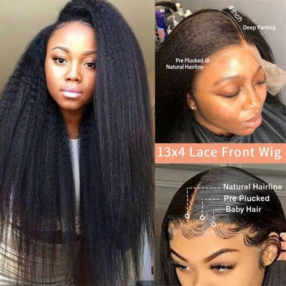Perruques Lace Front Kinky Straight de 40 pouces en cheveux humains, densité 250%, Yaki Straight, de