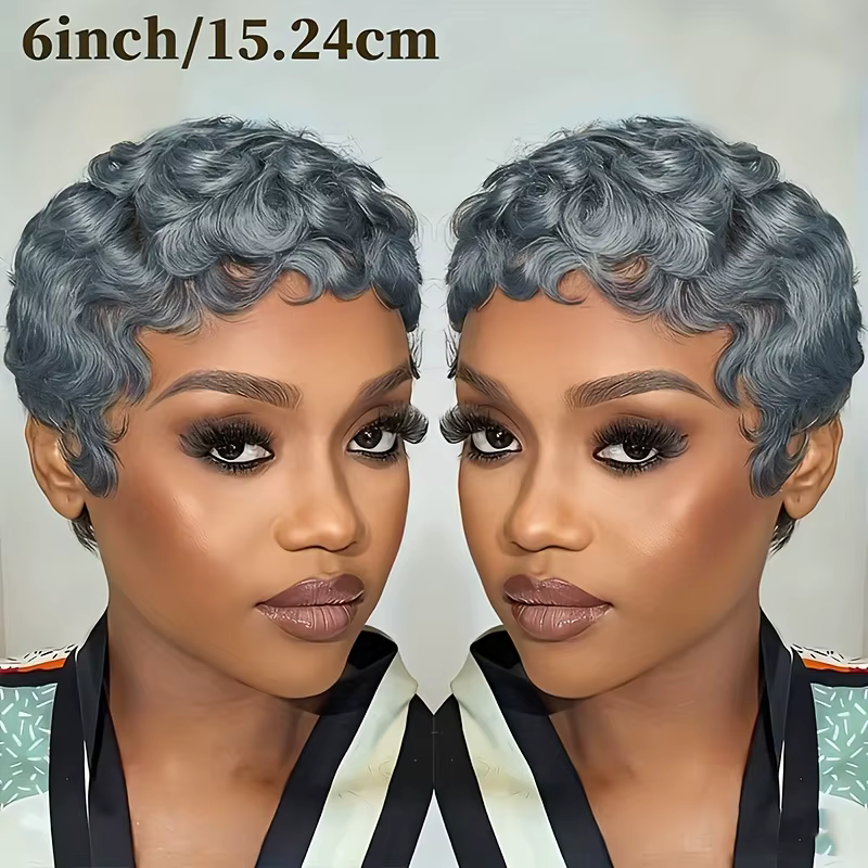 Perruque de cheveux humains de couleur grise, courte et bouclée, coupe Pixie avec frange, fabriquée 