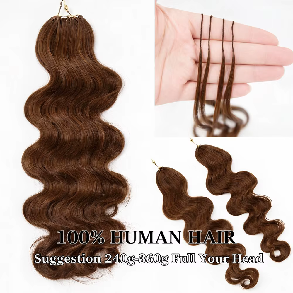 Extensions de cheveux humains ondulés au crochet, pré-séparées, invisibles, micro-boucles, effet plu