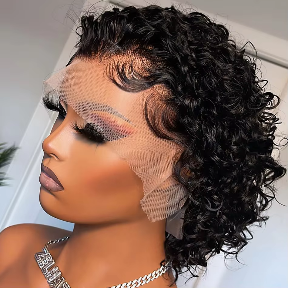 13x4 dentelle frontale perruques cheveux humains coupe lutin 180% densité couleur noire vague d'eau 