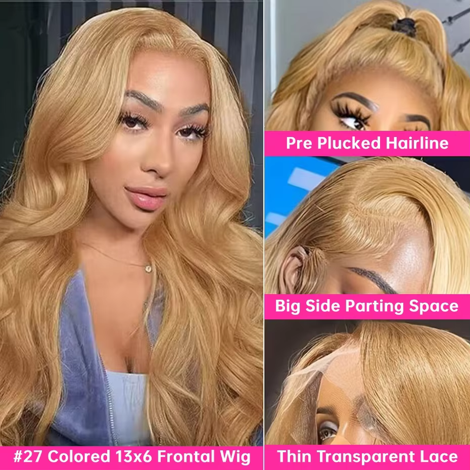 Perruque Lace Front Wig Body Wave brésilienne naturelle, cheveux humains, couleur blond miel, 13x4,