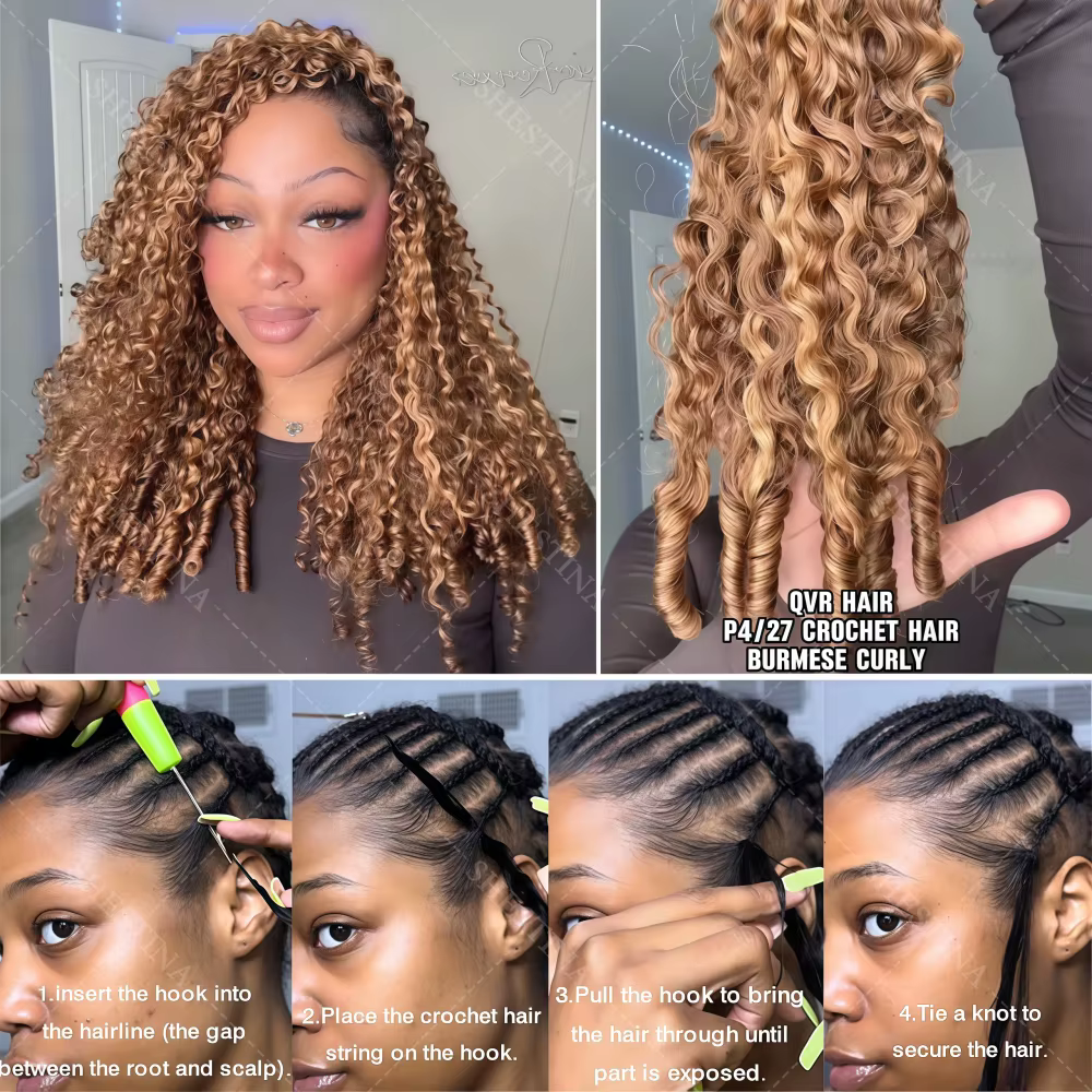 Cheveux humains bouclés birmans pré-bouclés blonds avec mèches, nœuds miracle, pour tresses au croch