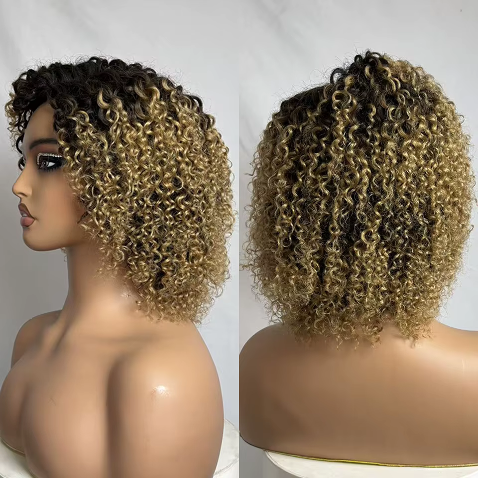 Perruque courte bouclée colorée de 245 grammes, style afro brésilien, 100% cheveux humains, pour fem