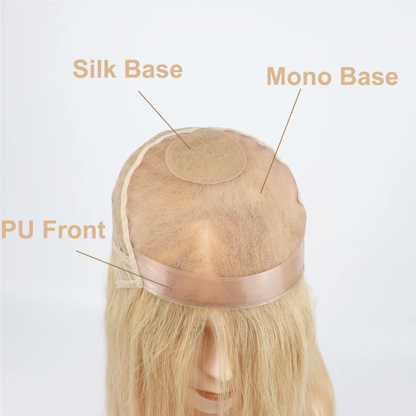 Perruque de cheveux humains entièrement attachée à la main, mono filet en soie, couronne blonde, PU 