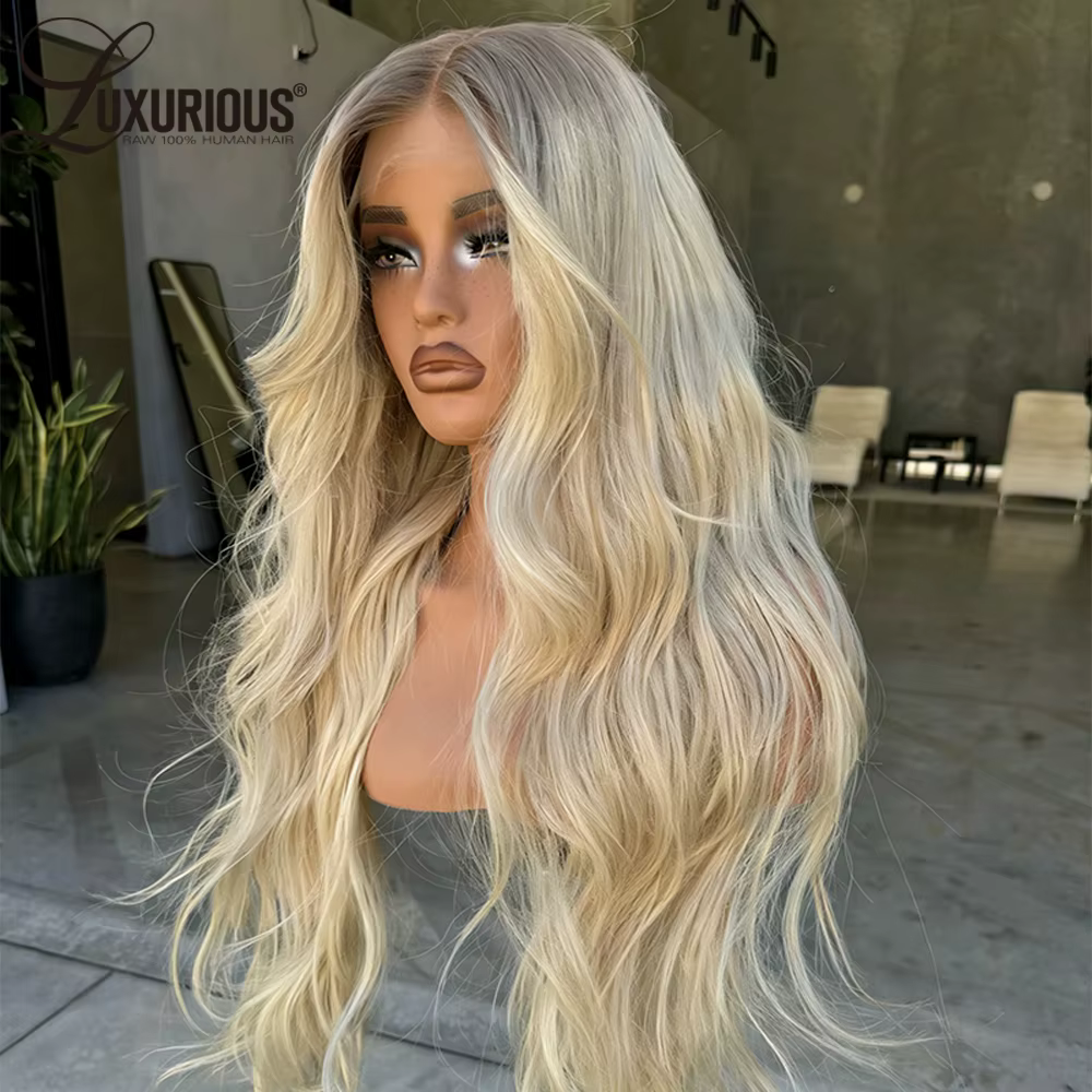 Perruque de salon en cheveux humains blond cendré à ondulations naturelles, densité 250%, Remy, pré-