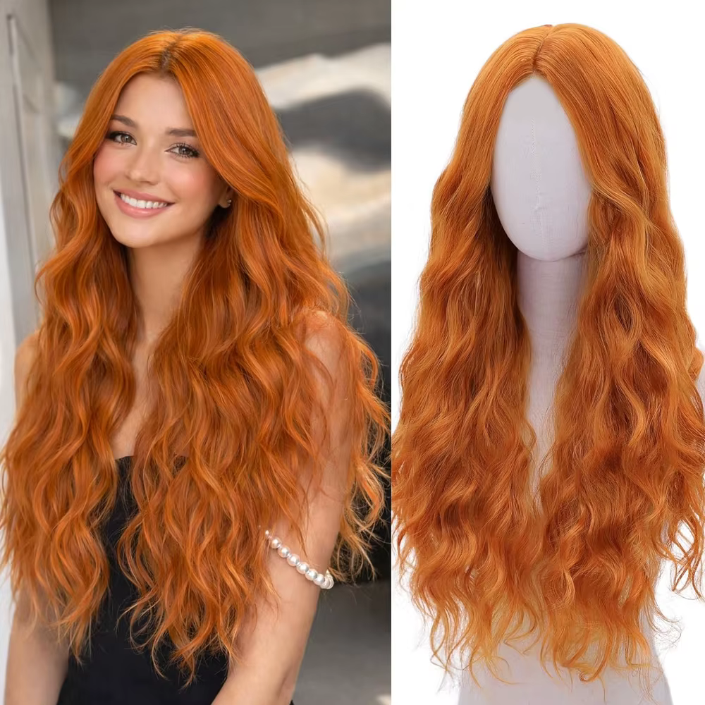 Perruque ondulée longue de 26 pouces, couleur roux orangé, pour femmes, synthétique, résistante à la