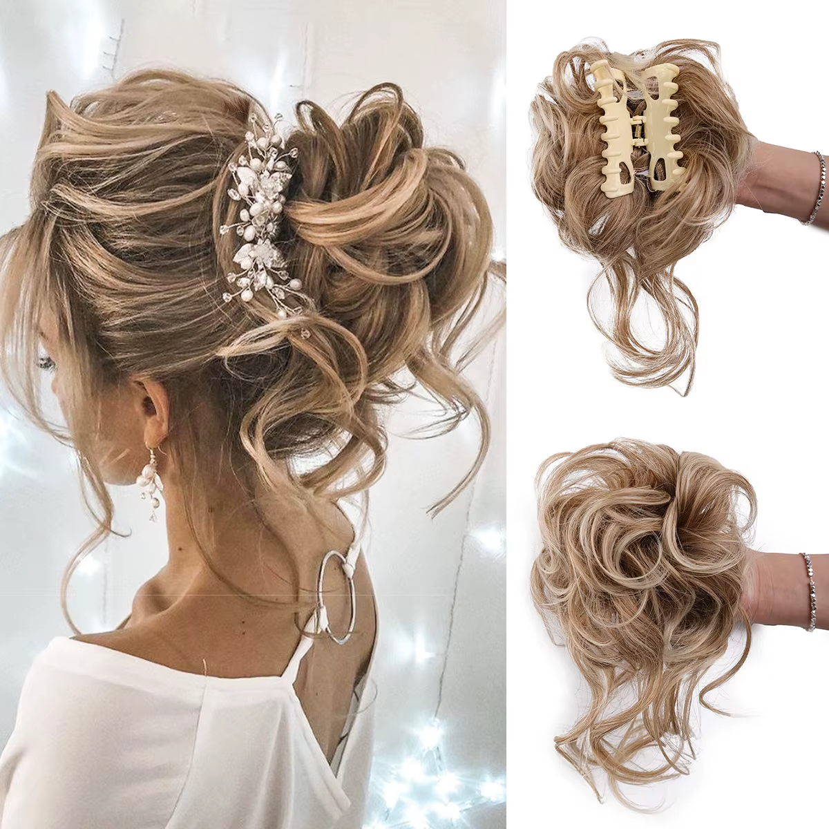 Chignon synthétique en désordre, Extensions capillaires Updo ébouriffées avec pince à griffes, chouc