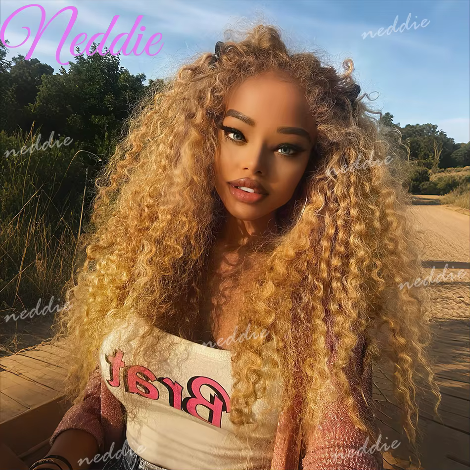 27 #   Perruque Lace Frontal Wig naturelle bouclée, cheveux blond miel, 13x4, Deep Wave, 30 34 pouce