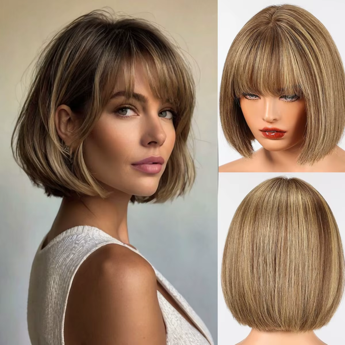 Bob brun mélangé blond Remy cheveux humains pour les femmes naturel droite perruques courtes avec fr