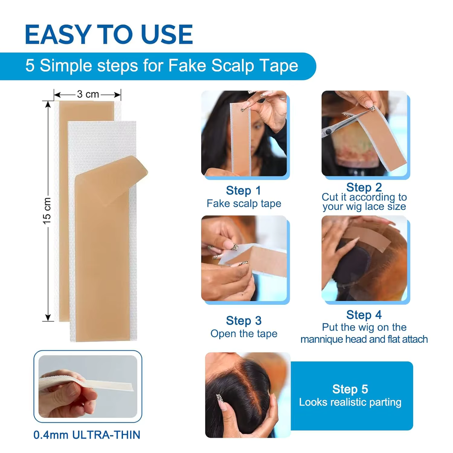 Bande de faux cuir chevelu pour perruques en dentelle, bande de cicatrice en Silicone avec raie réal