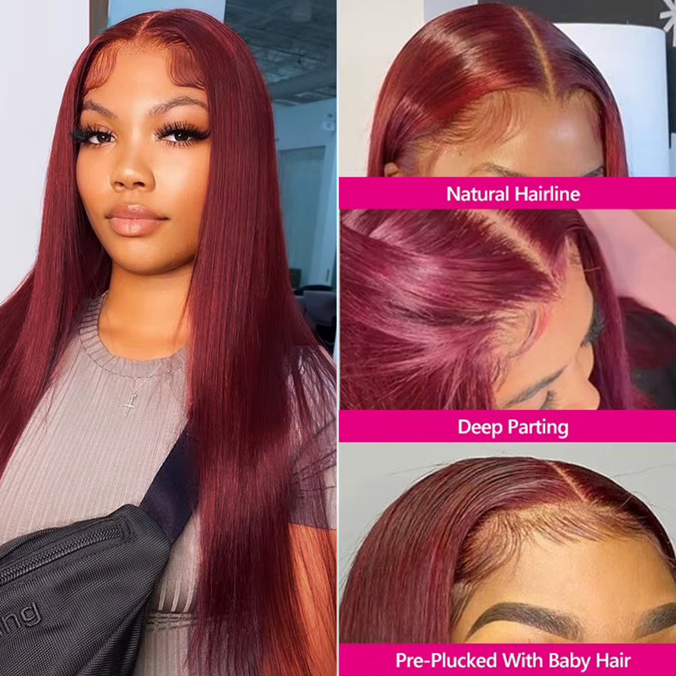 Perruque Lace Front HD 13x6 Rouge Bourgogne 99J sans colle, en cheveux humains vietnamiens Super Dou