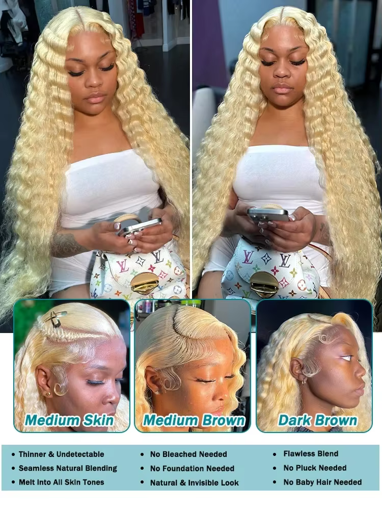Perruque Cheveux Humains Blondes 613 Jerry Curly 46 Pouces, Ondulées Colorées, Perruque Lace HD 13x6