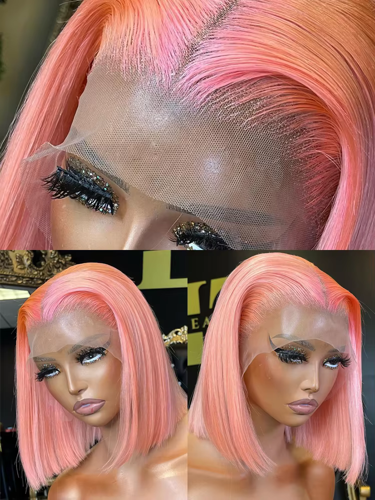 Perruque Bob brésilienne naturelle lisse, cheveux courts, couleur Rose, 13x4, Lace Front Wig transpa