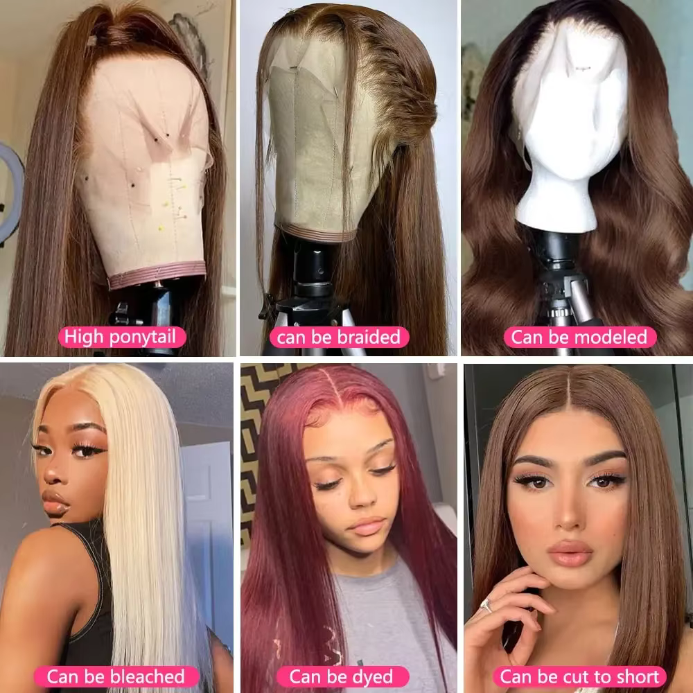 Perruques en cheveux humains lisses avec dentelle HD 13x4, densité 200, couleur chocolat # 4 perruqu