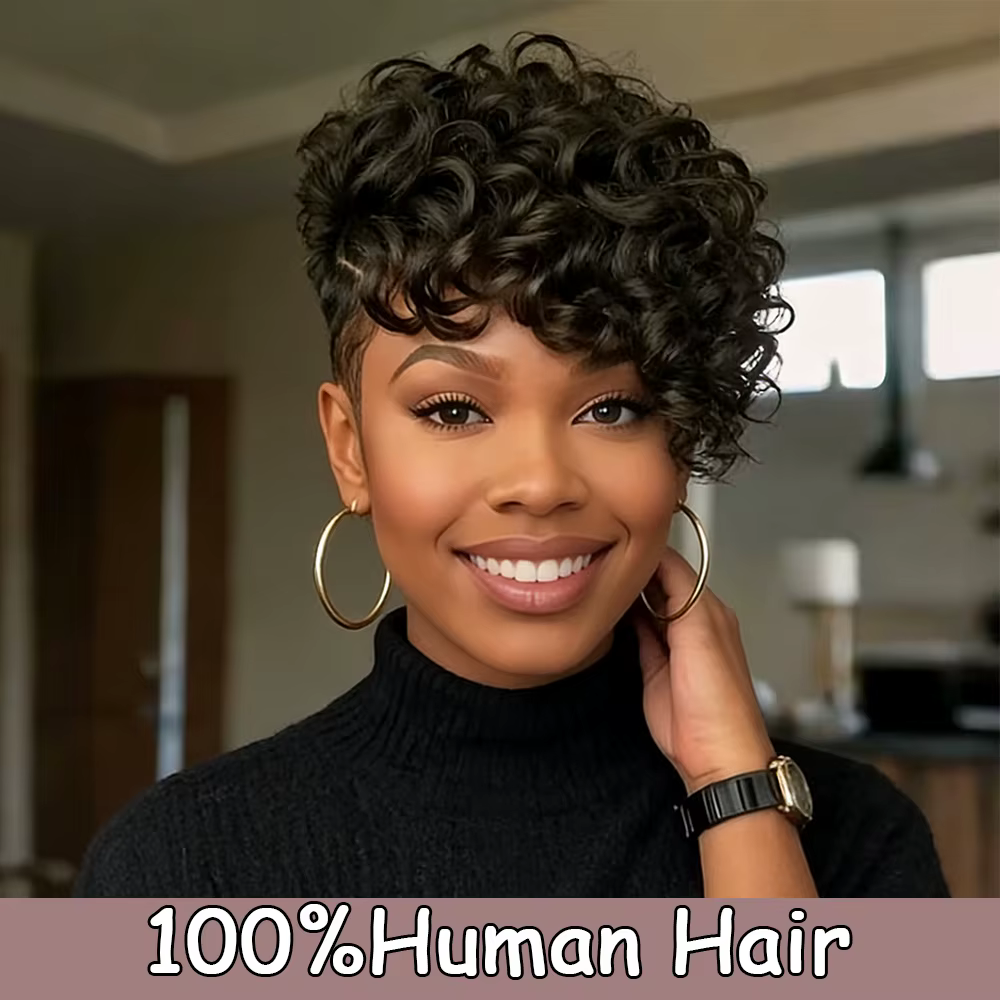 Perruque courte bouclée couleur naturelle coupe pixie, cheveux humains, courte, bouclée et dégradée
