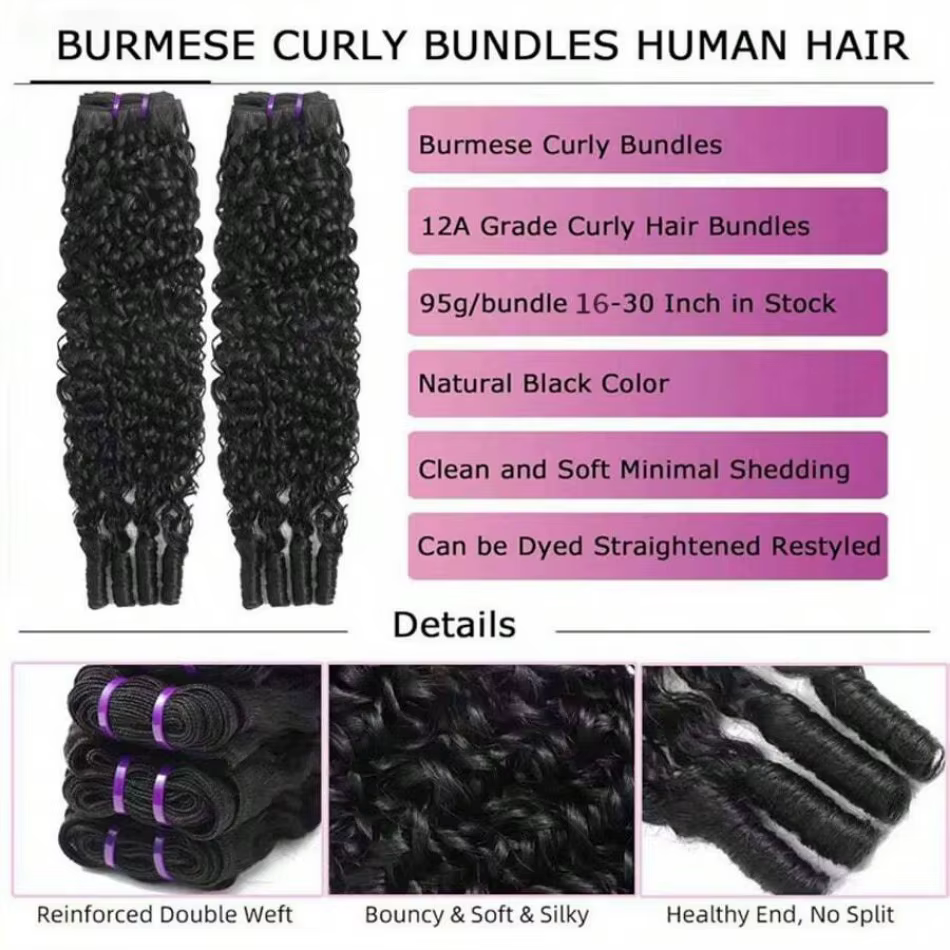 Lots de Cheveux Humains Bouclés Birmans 12A, Ondulés Type 3C4A, Non Traités, Bruts, à Coudre, Doux e