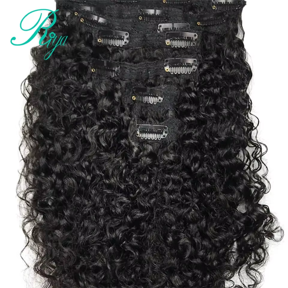 Extensions de cheveux brésiliens Remy 100% naturels bouclés à Clip, couleur noire naturelle, 8 pièce