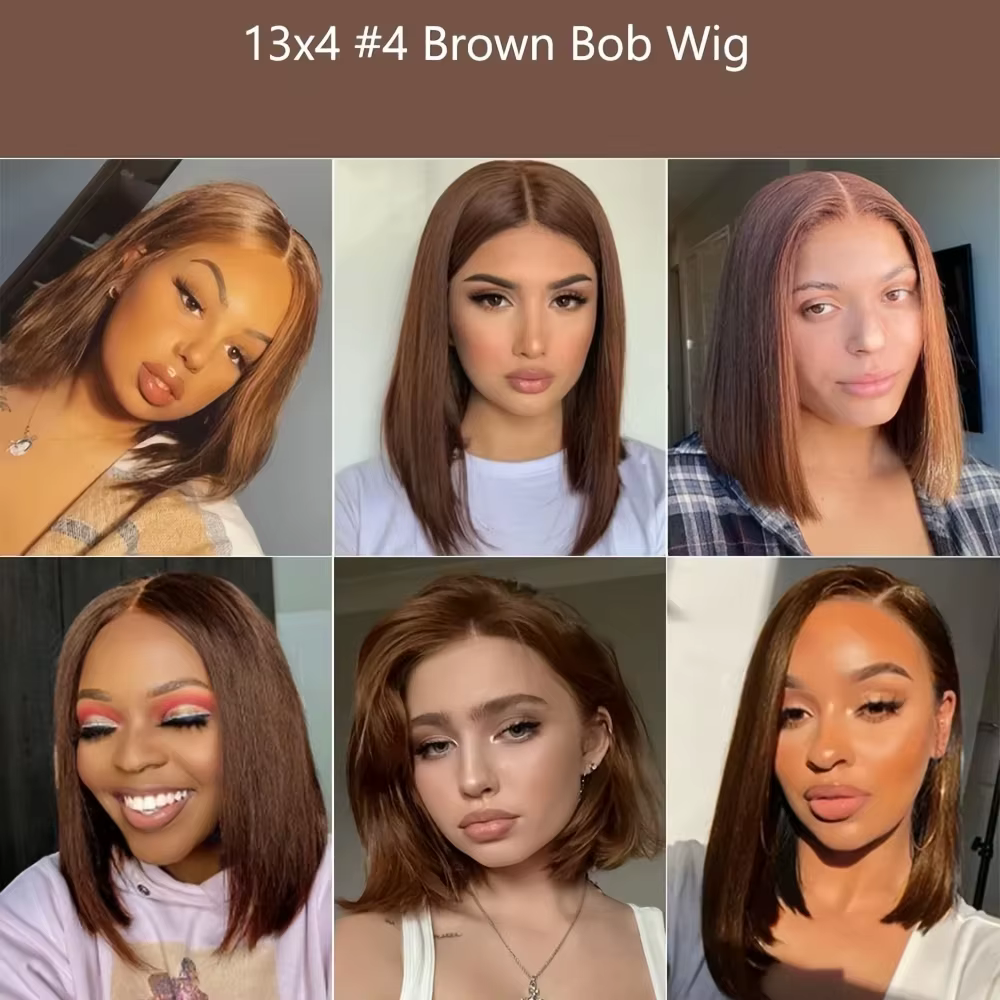 Perruque courte en cheveux humains de 14 pouces # 4 Lace Frontals Transparentes Marron Chocolat 13x4