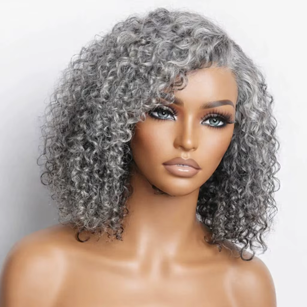 Perruques courtes bouclées en cheveux humains couleur sel et poivre, perruques bob bouclées profonde