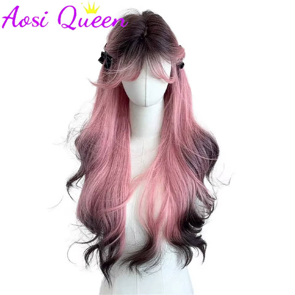 AosiQueen – perruques synthétiques ombrées noires et roses pour Cosplay, perruques longues et ondulé