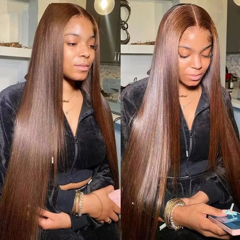 Perruque Lace Front Wig naturelle lisse, brun chocolat, cheveux humains, 13x4, 13x6, 36 ou 38 pouces