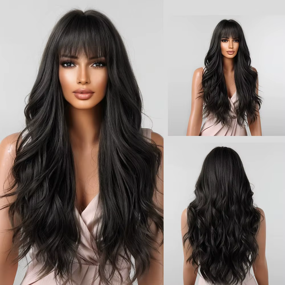 Perruques brunes ondulées avec frange pour femme, cheveux synthétiques naturels longs, degré de chal