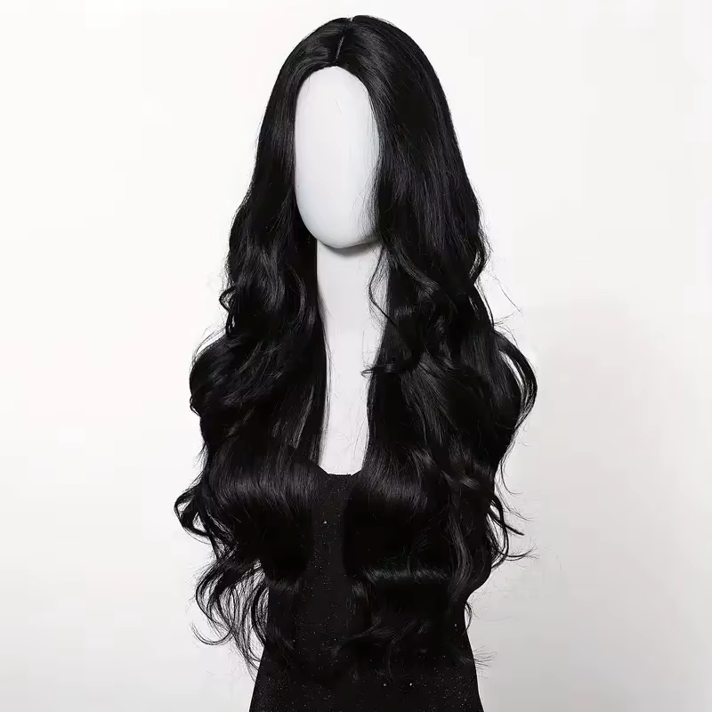 Perruque synthétique noire avec coiffure longue ondulée séparée pour fête, cosplay d'Halloween, usag
