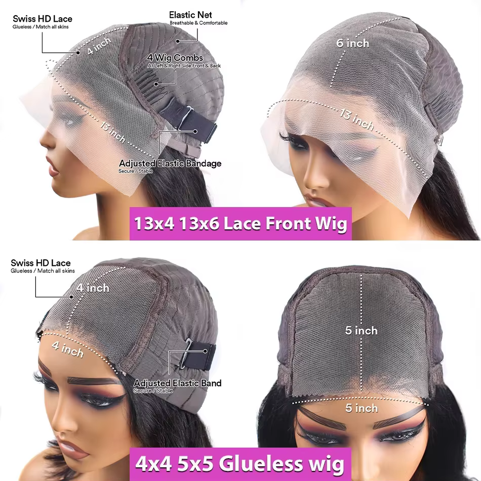 Perruques lisses sans colle en cheveux humains, densité 200%, avec closure 4x4 5x5, prêtes à porter,
