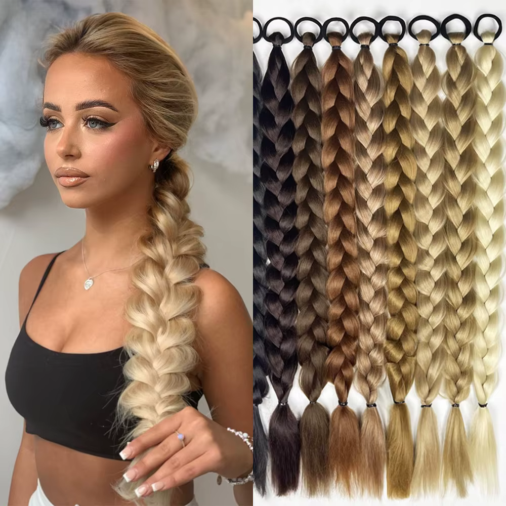 Extensions de queue de cheval tressées synthétiques longues torsadées avec élastique, Extensions de